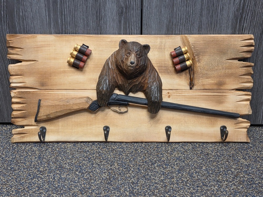 NEW – Wooden Brown Bear Shotgun Coat/Key Hanger – Northwoods/Rustic Home Decor