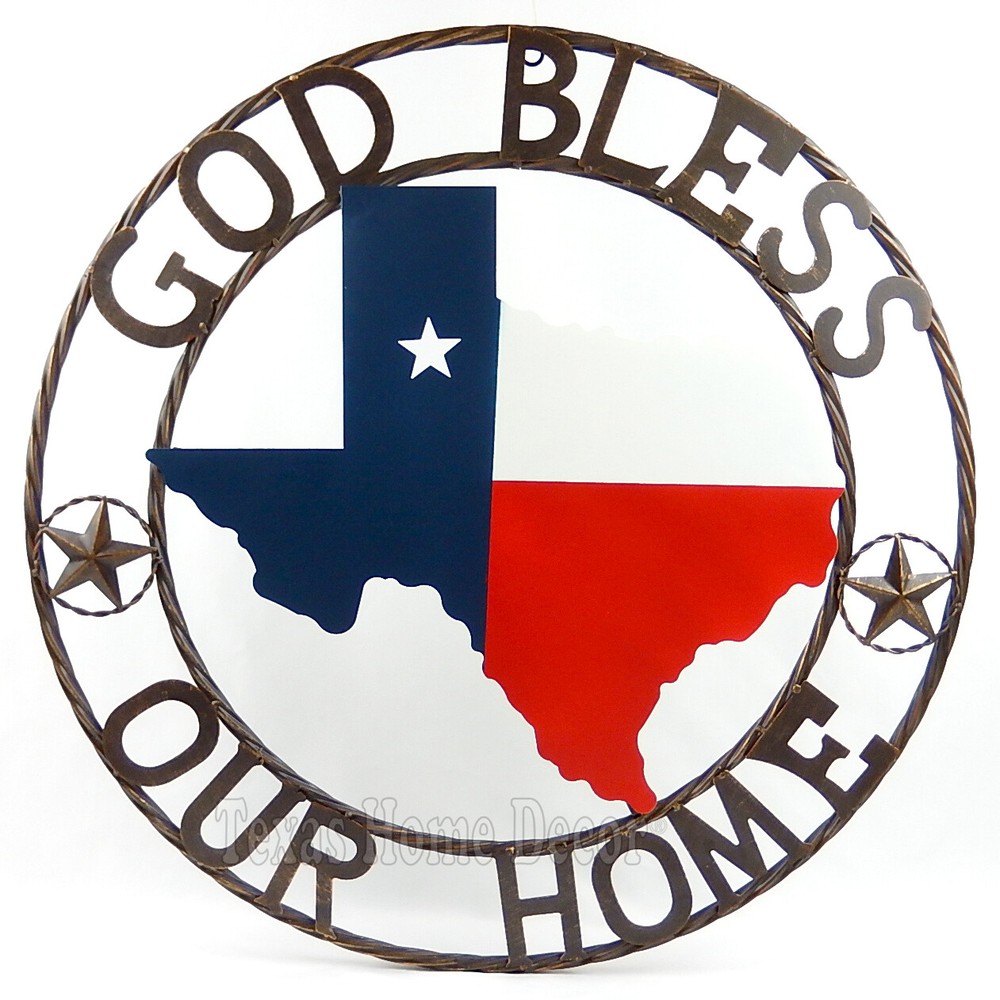 24″ Metal God Bless Our Home Texas Flag Map Outline Plaque Sign with Rings