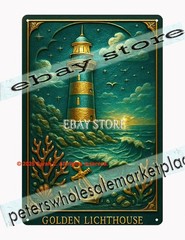 Golden Lighthouse Ocean Tin Sign 3D Effect Nautical Art