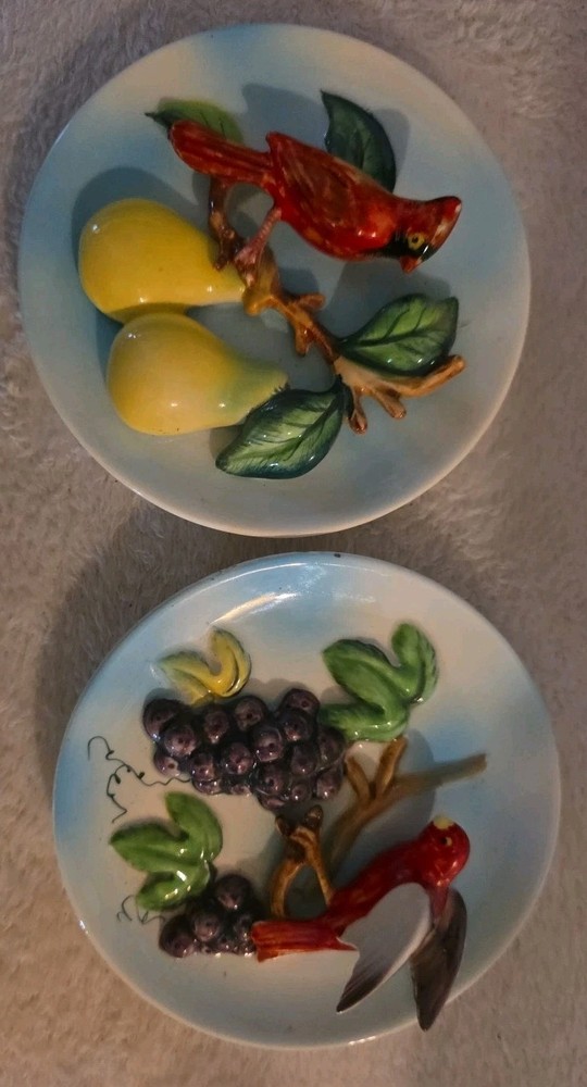Napcp 3D Cardinal With Pears & Tanger With Grapes 5″ Round Wall Plaques