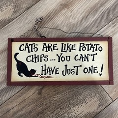 Funny Black Cat Wooden Sign w/ Wire Hanger. Pre-Loved In Good Condition 12×5.5