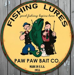 Paw Paw Bait Co. Fishing Lures 8″ Diameter Vintage Novelty Metal Sign USA Made