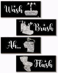 4 Pcs Bathroom Decor Funny and Black Wall Art Wooden 10 X 4 Inch Silver