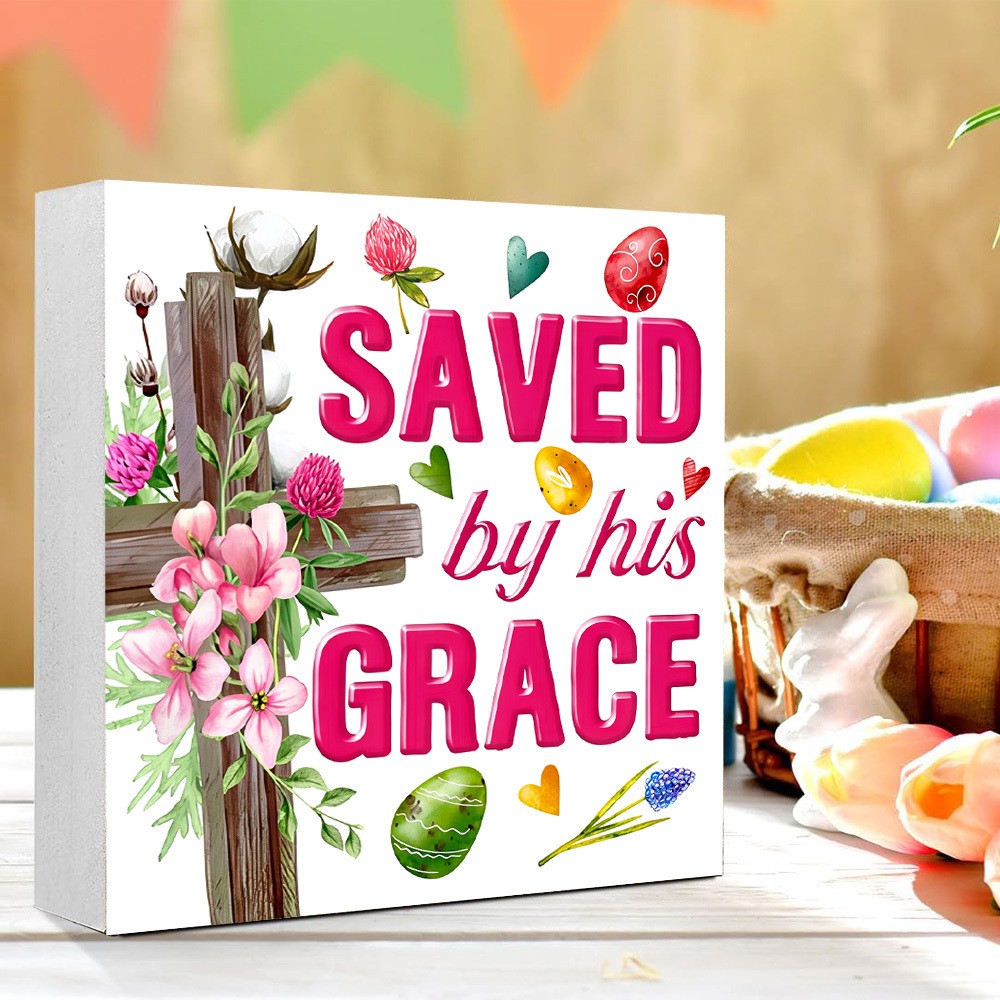 Saved By His Grace Floral Cross Wooden Box Sign Spring Season Desk Table Decor