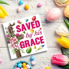 Saved By His Grace Floral Cross Wooden Box Sign Spring Season Desk Table Decor