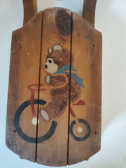 Vintage i love bears on a bicycle Sled Promo Wooden wall hanging hand painted