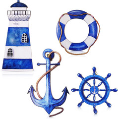 4 Pcs Beach Coastal Wall Decor Ocean Nautical Bathroom Decor Wood Lighthouse Shi
