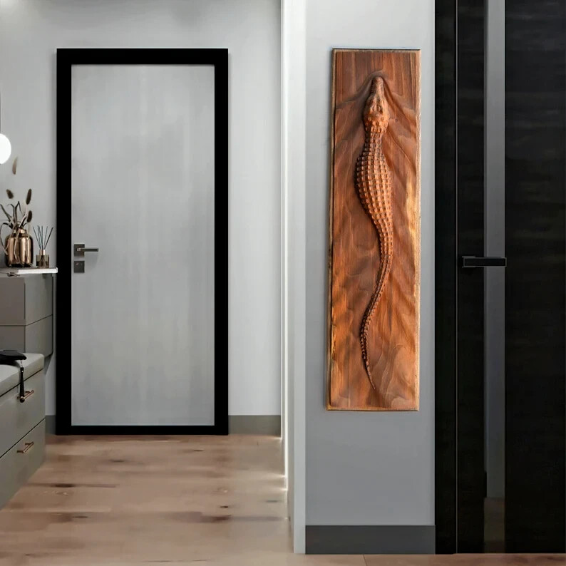 Modern Wood Wall Art Wooden Crocodile Wall Decor Item, Abstract Wood Sculpture