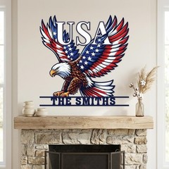 Custom USA Eagle Metal Sign, Patriotic Family Name Wall Art, American Flag Eagle