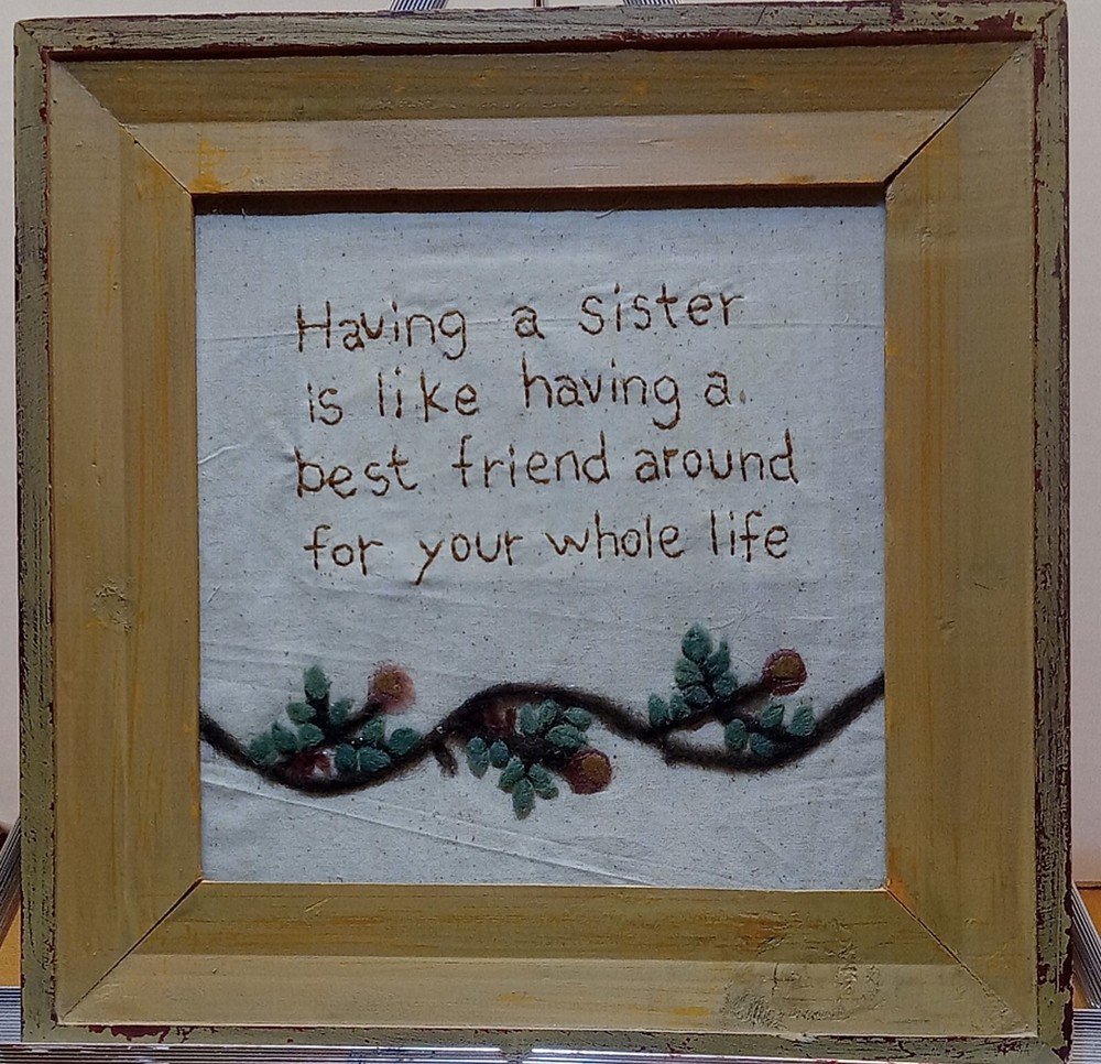 Framed Embroidered “Having a Sister” Wall Art 12×12 Rustic Cottage Decor