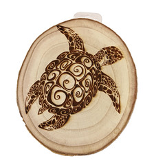 Sea Turtle Wood Slice Live Raw Edge Burned Look Wall Hanging Art Plaque Rustic