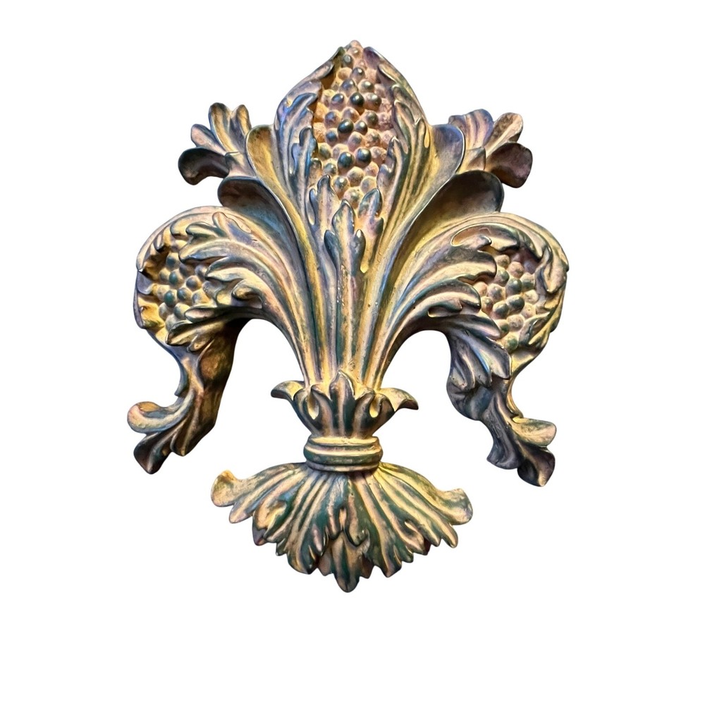 Large Fleur De Lis Resin Wall Applique Acanthus Leaf Gold Green Finish Decor Art
