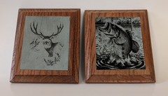2 Vtg IMINAC Big Mouth Bass & Buck Metal Etching Wall Art On Wood Wiley Miller