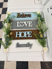 “Believe Love Hope Family” Floral Wood Wall Plaque Sign, Horizontal Rectangle