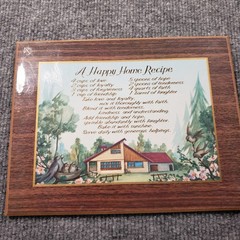 Vintage A Happy Home Recipe Wood Plaque Picture Art 9” x 7” Cottagecore