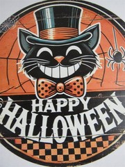 New 7 3/4″ Round Vintage Look Halloween W Grinning Black Cat Metal Sign