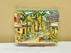 Flower Market Scene on Village Palm Tree Lined Street 3D Resin Picture Plaque