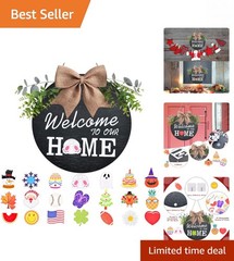 Rustic 12″ Welcome Home Sign with 21 Changeable Seasonal Icons – Perfect Gift