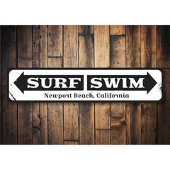 Surf Swim Sign, Personalized Beach Location Directional Arrow Metal Wall Decor