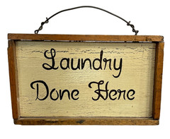 Laundry Room Decor “Laundry Done Here” Sign Distressed Wood Frame Wire Hanger