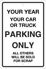 CUSTOM PARKING SIGNS, LARGE 12×18 ALUMINUM- CAR, TRUCK, BIKE, FORD, CHEVY, DODGE