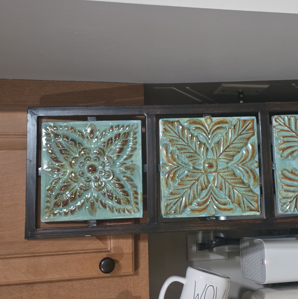 Vertical Rectangle Wood Wall Plaque, Blue Floral Panels, Framed 3D Effect