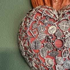 Vintage Mexican Folk Art Carved Wood Flaming Sacred Heart Milagros Medals