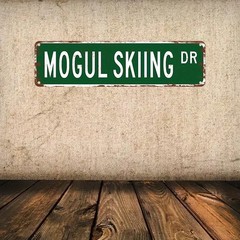 Mogul Skiing DR Vintage Distressed Green Street Metal Sign Ski Chalet Wall Decor
