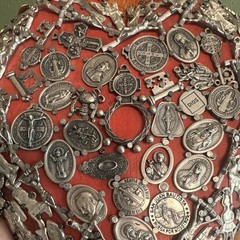 Vintage Mexican Folk Art Carved Wood Flaming Sacred Heart Milagros Medals