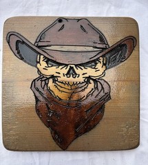 Handcrafted & Painted Wood Carving Skull In Cowboy Hat Bandana Man Cave wall art
