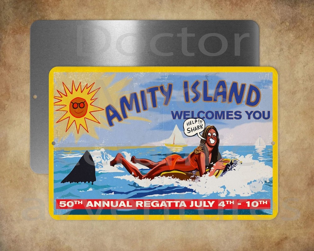 LARGER JAWS Amity Welcomes You Billboard Hooper Brody shark 12′ X 18″ metal sign