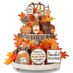 21 Pcs Fall Tiered Tray Decor Set Hello Fall Pumpkin Gnome Truck Wood Sign Ru…