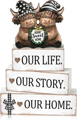 4 Pcs Rustic Wooden Highland Cow Figurines Set, Farmhouse Table Decor Home Sw…