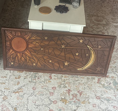 Vintage Celestial Carved Wood Panel Sun Moon Stars Glass Coffee Table Insert Ar