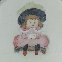 TWO Vintage Marian Foster Curtis? Round Wood Framed Girl Boy Wall Art