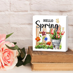 Hello Spring Wood Block Sign,Spring Floral Quote Desk Decor,Spring Themed Wood P