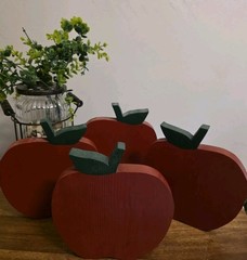 Vintage Wood CottageCore Wall or Shelf Decor Rustic Country Red Apple 7″ Set/4