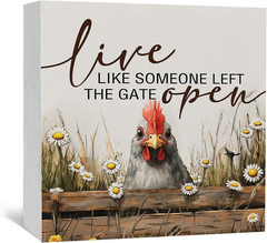 Chicken Rooster Decor Sign Rustic Farmhouse Wooden Wall Art Live Like Someone