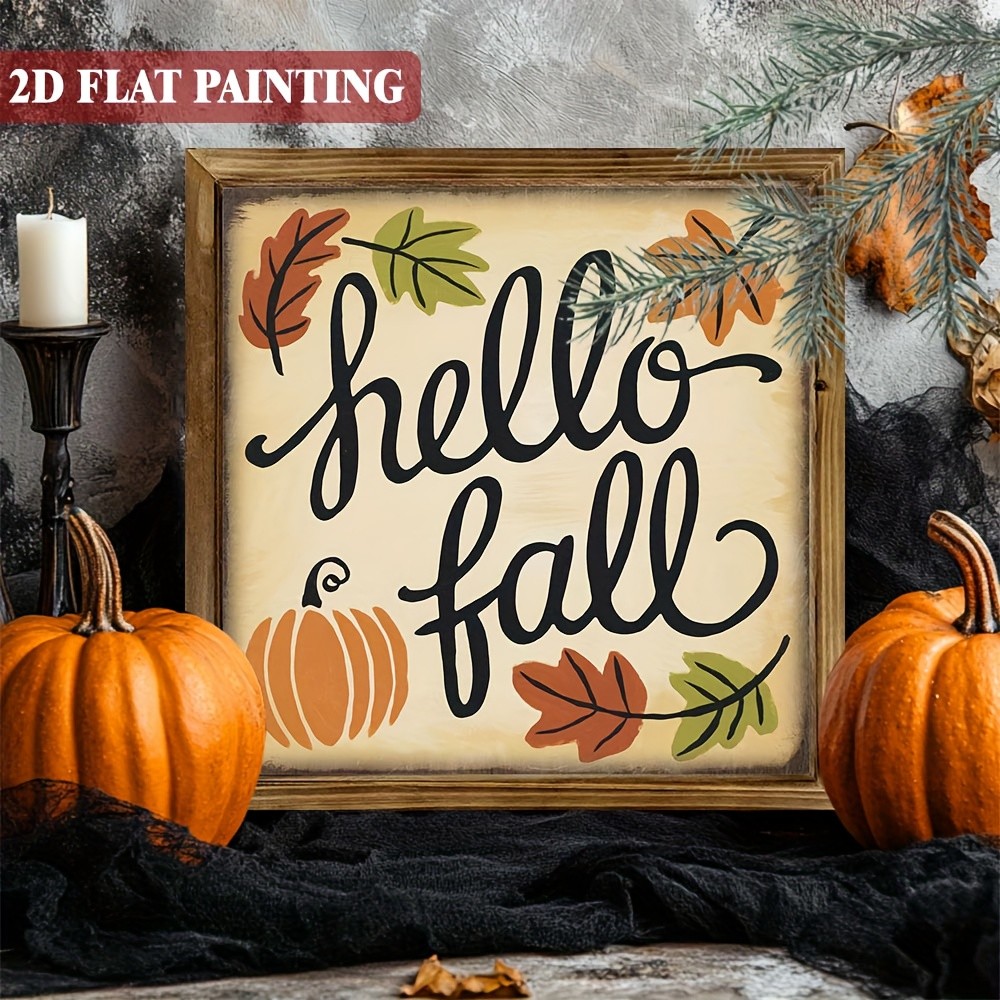 Wooden Frame Print Hello Fall Pumpkin Maple Leaf Neutral Farmhouse Wall Decor