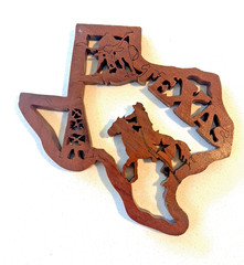 State of Texas Red Oak Wood Laser Cutout Cowboy Rodeo, Oil Drill Sign Plaque