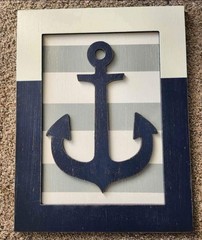 Nautical Anchor Striped Blue White Wood Wall Plaque Decorative Coastal Decor