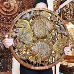 Hand Carved Teak Wood Round Wall Art 24″ Goldfish Wall Decor Hanging Sculpture H