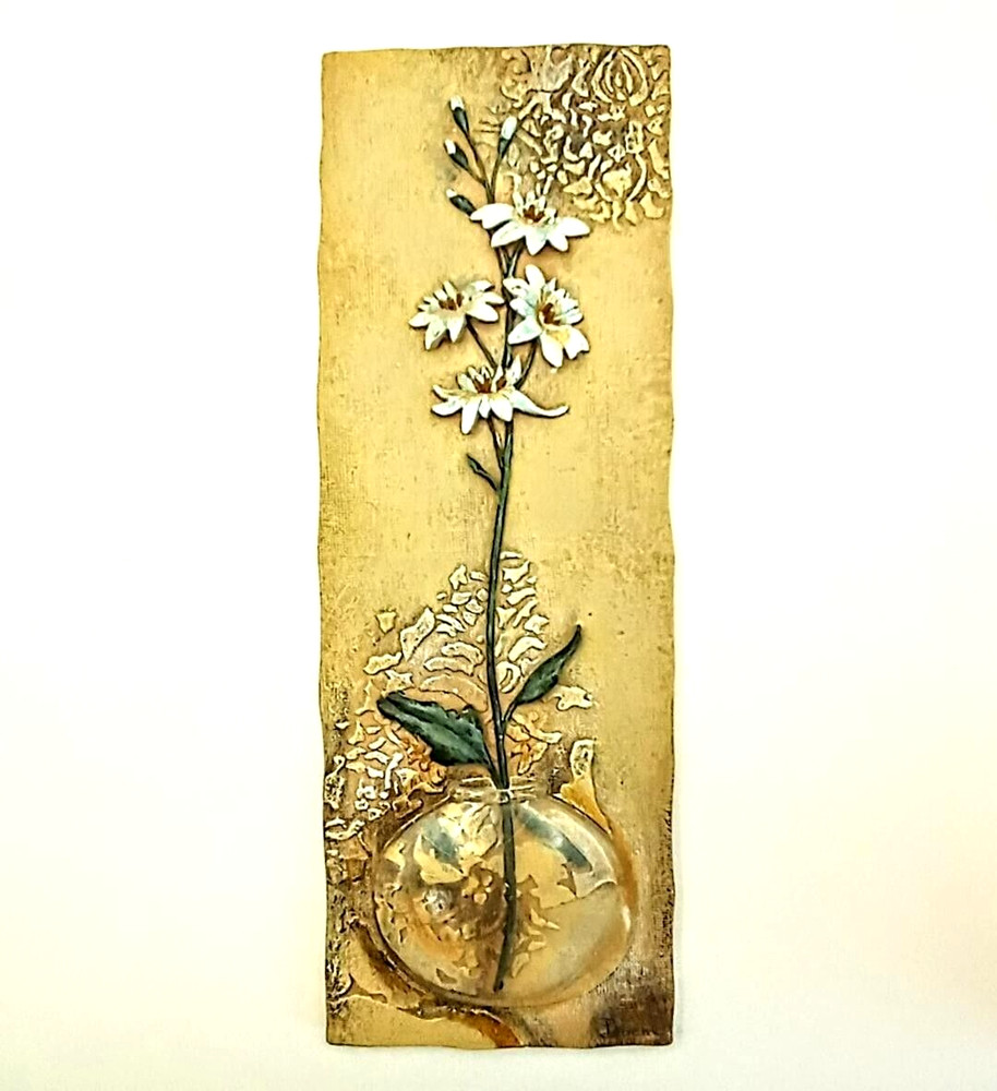 Boem Signed 3D Wall Art Tile Plaque Flowers in Resin Vase