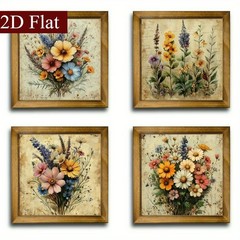 Rural Floral Still Life Wooden Plaques Vintage Botanical Painting Wall Art