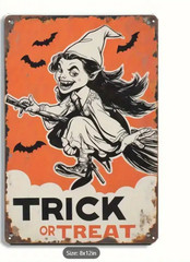 Halloween Metal Sign Vintage Reproduction 12 ” X 8″ Cartoon Witch Broom Bats