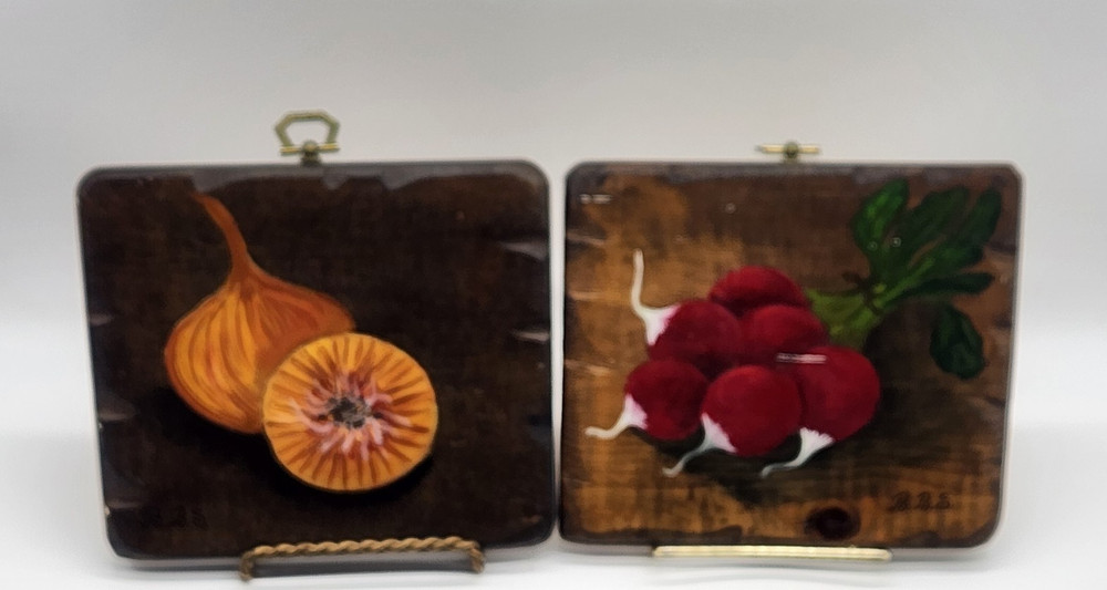 2 Hand Painted Still Art Wooden Plaque Wall Art Vintage Kitchen Onion & Raddish