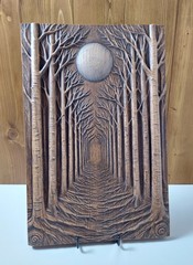 Oak Wood Carving, Moonlit Forest Pathway, Rustic Woodland Wall Art