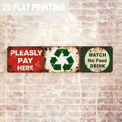 3 Vintage Metal Wall Signs – Pay Here, No Food/Recycling – Rustic Industrial