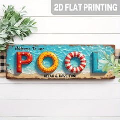 Metal Sign Vintage Pool Welcome Swim Ring Design Rustic Poolside Backyard Decor