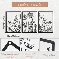 3 PCS Black Metal Wall Art Flower Line Minimalist Decor 16.5×9.8 Inch Cute